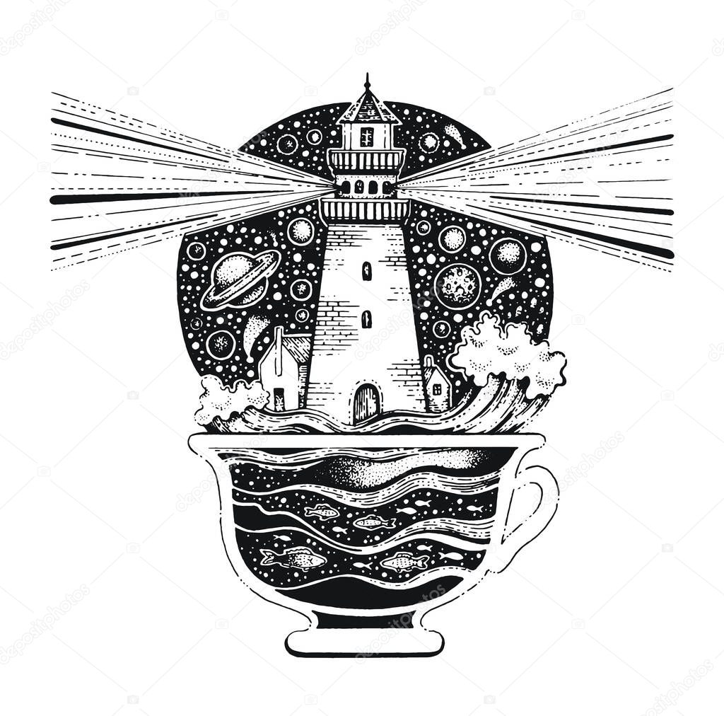 Lighghouse in coffee cup with ocean waves. Black silhouette for t-shirt print or tattoo. Hand drawn surreal design for apparel. Vintage vector illustration, sketch isolated on white background