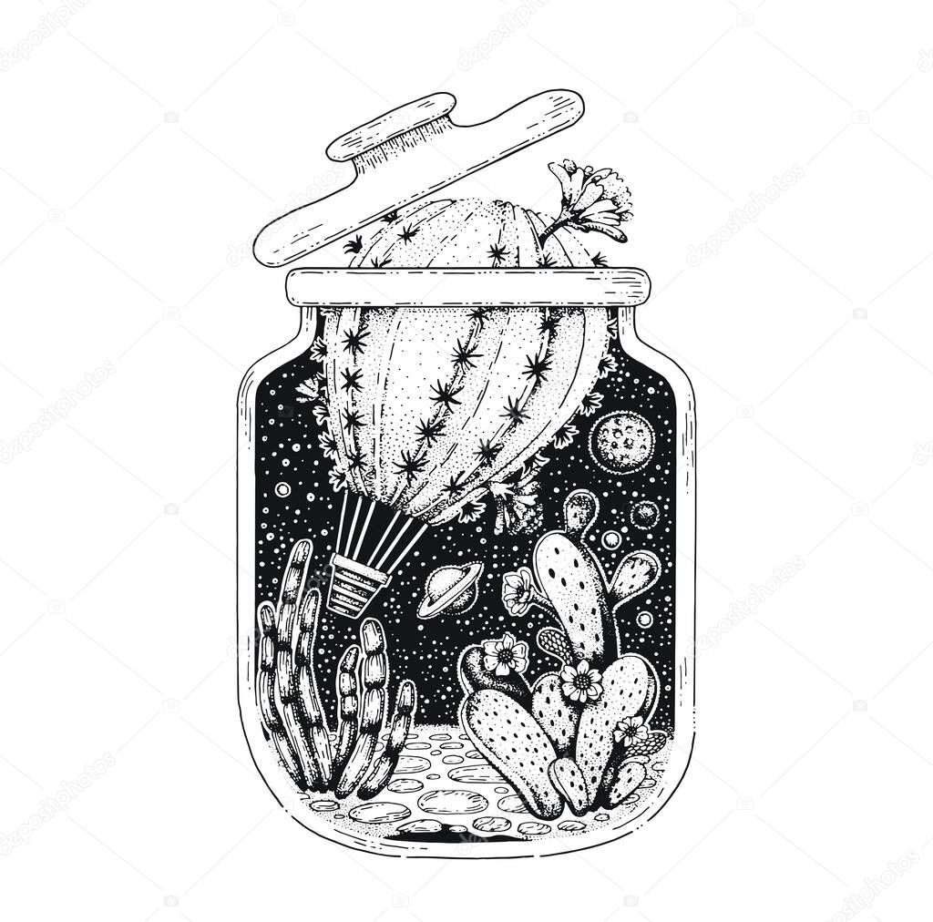 Freedom design for t-shirt print. Cactus succulent becomes air balloon to run away from narrow glass jar prison. Hand drawn plant silhouette, surreal vector illustration for apparel.