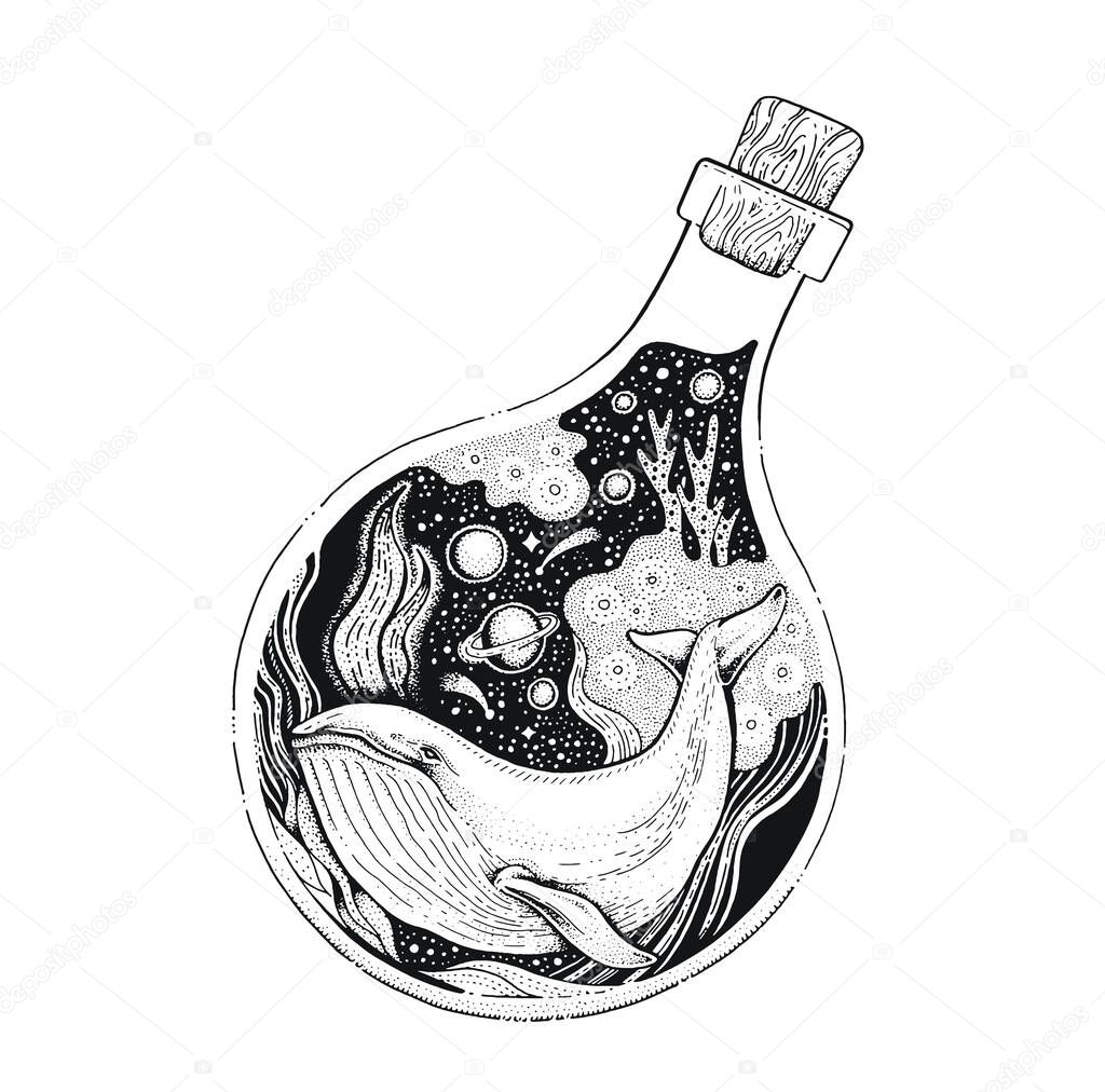 Whale silhouette for t-shirt print or tattooo. Hand drawn surreal design for apparel. Black animal in the bottle, night ocean, space. Vintage vector illustration, sketch isolated on white background