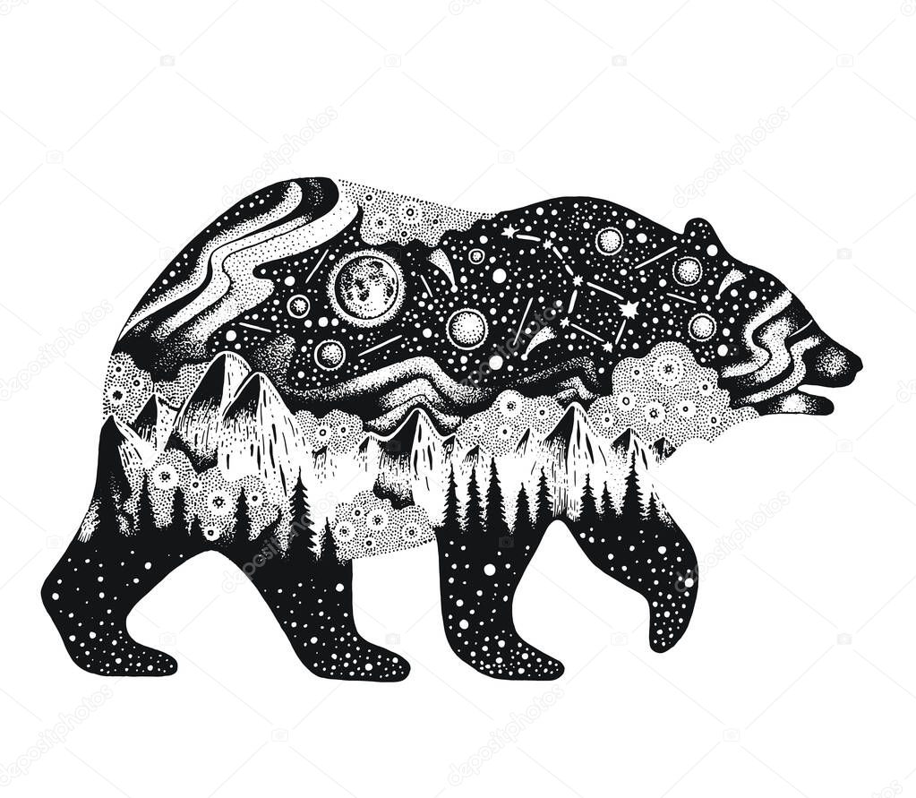 Bear silhouette for t-shirt print or temporary tattoo. Hand drawn surreal design for apparel. Black animal, night forest landscape. Vintage vector illustration, sketch isolated on white background