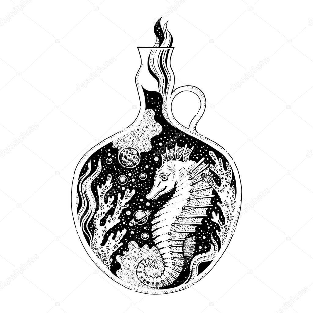 Surreal tattoo sea horse animal design concept. Black line seahorse in coral art, hipster boho style. For tattoo, coloring book, poster, t-shirt print. Tribal engraved vector isolated white background