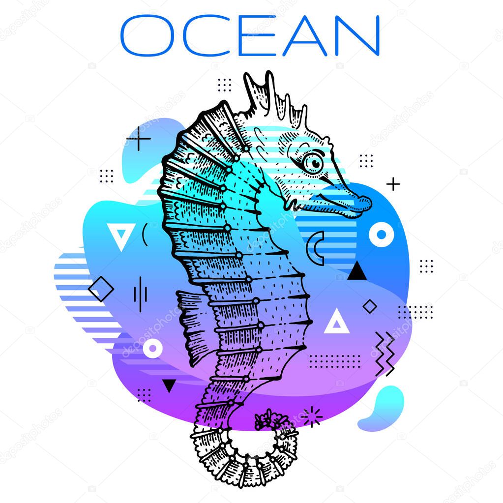 Sea horse summer poster. Ocean seahorse hand drawn sketch, geometric shape. Trendy line art concept in spectrum rainbow color for music party, fashion event flyer, t-shirt print. Blue disco background