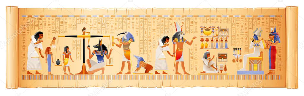 Seamless Egyptian papyrus from Book of Dead. Weighing of Heart, afterlife Duat ritual. Osiris judgment scales pair vector illustration. Gods Anubis, Thoth, Isis. Ancient Egypt papyrus, hieroglyph text