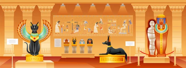 Egyptiska Museet Egypten Farao Vektor Illustration Med Historiska Pyramid Interiör — Stock vektor