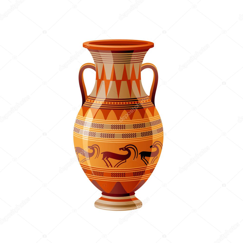 Ancient Greek vase. Pottery vector. Antique jug from Greece. Old clay amphora, pot, urn or jar for wine and olive oil. vintage ceramic icon isolated. Flat cartoon art with ornament decor, antelope