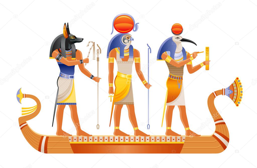 Egyptian boat with ancient gods Ra, Anubis, Thoth. Papyrus art from Ancient Egypt. Vector pharaoh historic ornament. Mythology civilization symbol. Sun Death and writing gods. Egyptology vector set