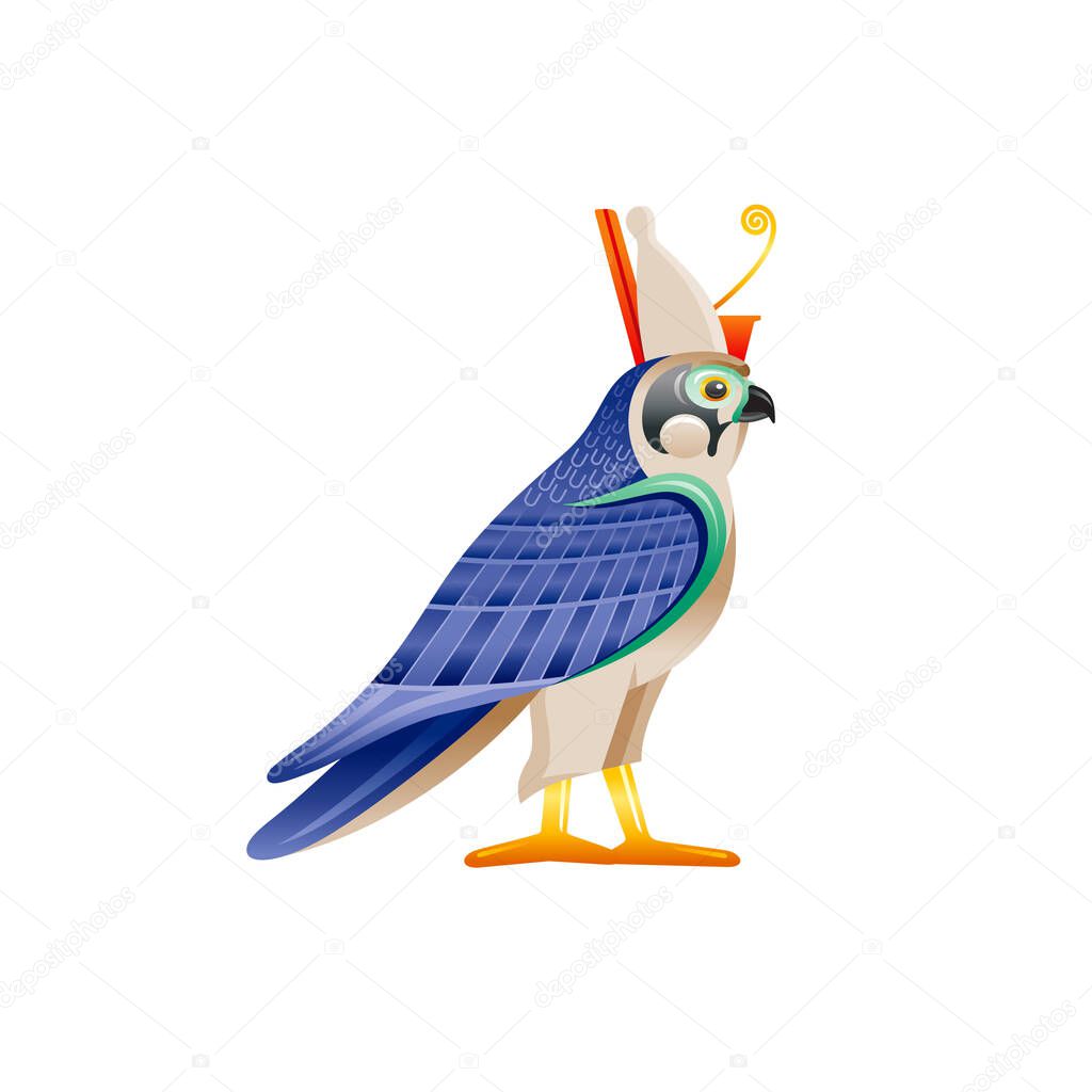 Egyptian falcon Horus Ra god symbol. Falcon bird character in pharaoh crown wing from ancient Egypt art. Cartoon 3d realistic statue icon. Old style vector illustration isolated on white background.