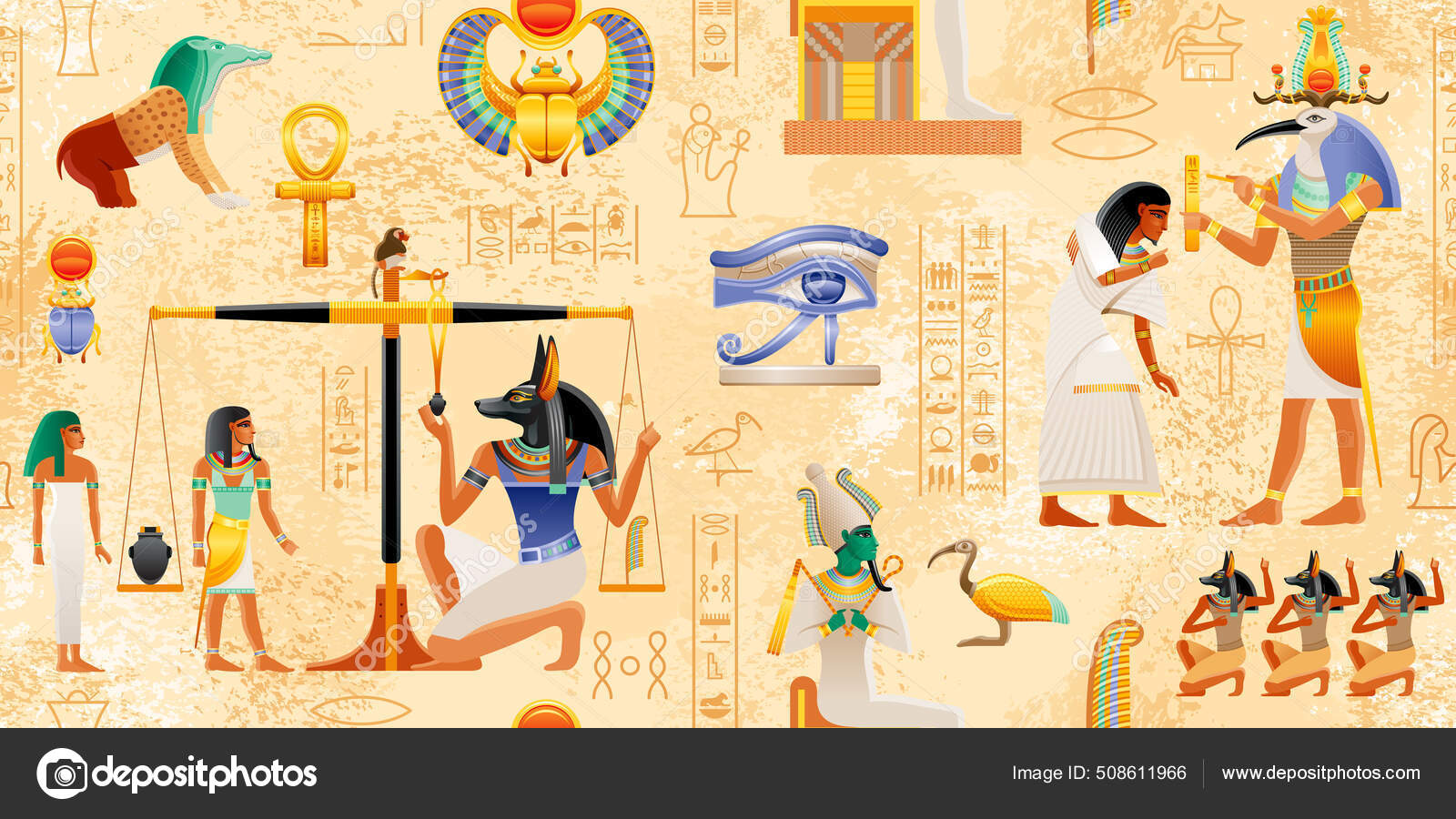 Egyptisk Vektorpapyrus Med Farao Elementer Ankh Scarab Sun Antikkens  Historiske stockvektor © OlgaChernyak #508611966, image size:1600x900