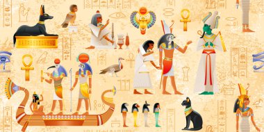Firavun unsurları olan Mısır vektör papirüsü Ankh, Scarab, Cat, Dog, Wadjet. Tanrılar hazır - Thoth, Ra, Osiris, Horus, Anubis, Bastet, Ra. Tarihi bir duvar resmi. Mısır Mitolojisi kusursuz desen