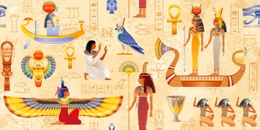 Firavun unsurlu Mısır vektörü papirüs Ankh, Scarab, Güneş. Antik tarihi sanat. Mısır mitolojisi kusursuz desen. Kraliçe tanrıça seti. Kanatlı Isis, teknede Hathor Nefertiti, yelpazeli Maat