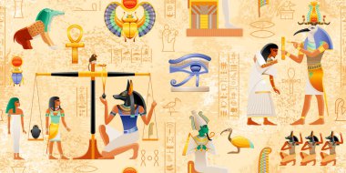 Firavun elementleriyle Mısır papirüsü Ankh Scarab Sun. Antik tarihi sanat. Mısır mitolojisi, Ölüm Kitabı 'ndan kusursuz bir örnek. Tanrı Anubis 'ten Kalbin Ağırlığı - Osiris ahiret töreni