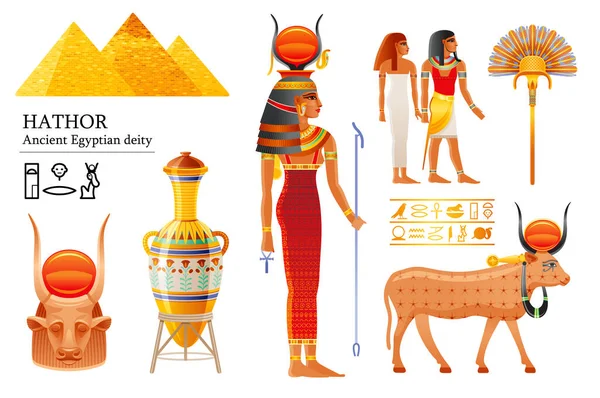 ハトホルエジプトの女神 ファラオのアイコンセット 太陽と空の神 牛の角 ダンス セクシュアリティ 美しさ 愛の古代エジプトの神 牛の花瓶ファンで隔離された3Dリアルなベクトルイラスト — ストックベクタ