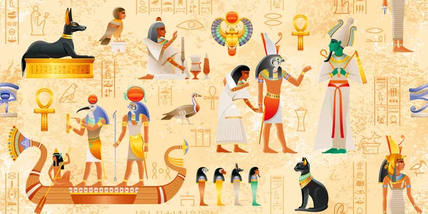 Firavun unsurları olan Mısır vektör papirüsü Ankh, Scarab, Cat, Dog, Wadjet. Tanrılar hazır - Thoth, Ra, Osiris, Horus, Anubis, Bastet, Ra. Tarihi bir duvar resmi. Mısır Mitolojisi kusursuz desen