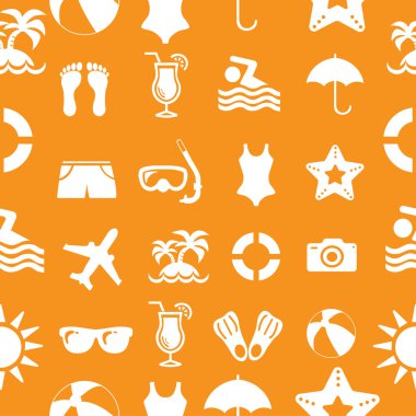 Turuncu arka plan sorunsuz imkanı vektör Beach ve tatil simgeler desenine.