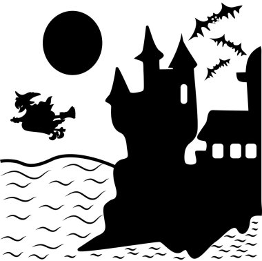 Cadılar Bayramı kale, yarasa, cadı ve dolunay perili. Vektör çizim
