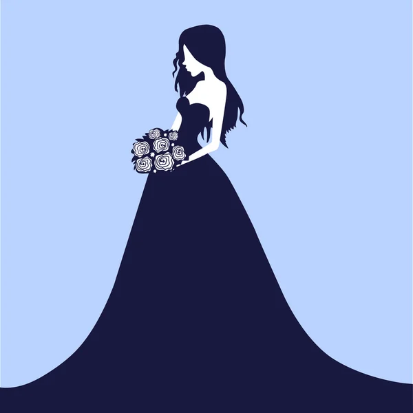 Illustration d'une belle mariée tenant un bouquet sur fond bleu, vecteur — Image vectorielle