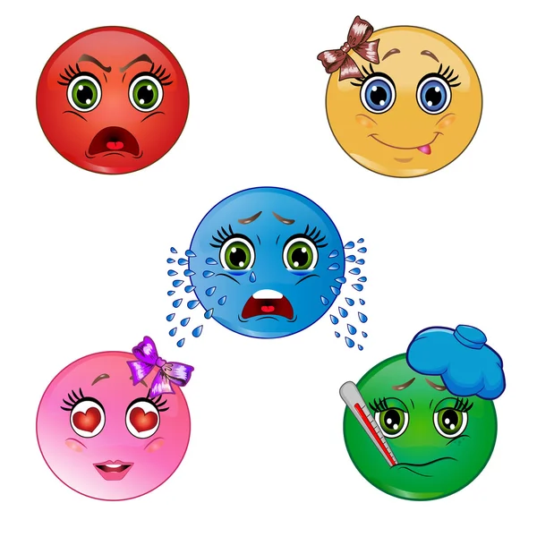 Set of smileys. Angry, happy, crying, love, sick emoticon on white background. — Stock Vector