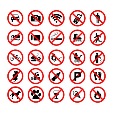 Beyaz arka plan üzerinde yasaklanmış sembollerin kırmızı daire işaretleri yasak Icons set