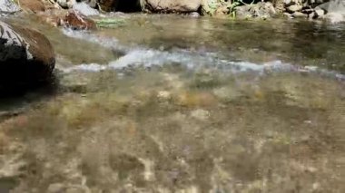 Endonezya 'daki taş kayaların arasından akan temiz bir akarsu. Ağır çekimde taşın dibinde akan bol miktarda nehir. Vahşi dağ nehir suyu yaz gününde sıçrıyor.. 