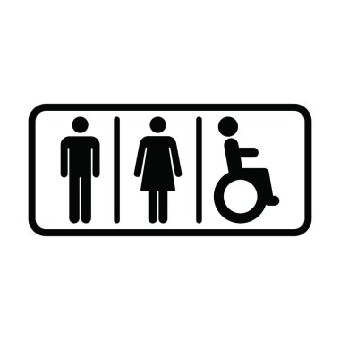 Tekerlekli sandalye sembolü üzerinde erkek, kadın ve engelli insan sembolü bulunan tuvalet işareti simgesi.