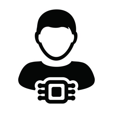 İzleme sistemi için erkek kullanıcı profili avatar sembollü insan çipi implantı için RFID ikonu vektörü