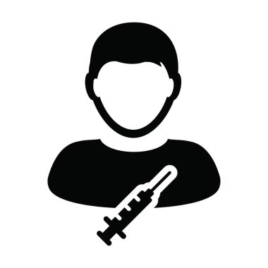 Aşı enjeksiyon ikonu vektörü şırınga erkek kullanıcı profili Avatar sembolü tıbbi ve sağlık hizmetleri için bir kabartma resim çiziminde