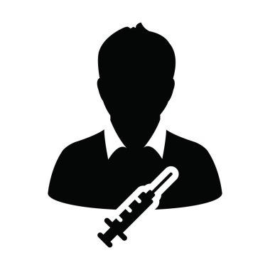 Şırınga erkek kullanıcı profili olan aşı ikonu vektörü. Tıbbi ve sağlık hizmetleri için sembol.