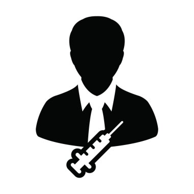 Aşı şırıngası olan eczacı ikon vektörü erkek kullanıcı profili avatar sembolü tıbbi ve sağlık tedavisi için bir glyph resim çiziminde