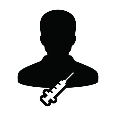 Şırınga erkek kullanıcı profili olan aşı ikonu vektörü. Tıbbi ve sağlık hizmetleri için görsel bir resimde avatar sembolü.