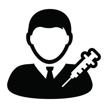 Şırınga erkek kullanıcı profili olan aşı ikonu vektörü. Tıbbi ve sağlık hizmetleri için görsel bir resimde avatar sembolü.