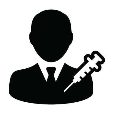 Aşı kullanıcı simgesi vektörü ve şırınga erkek profil avatar sembolü bir glifli resim çiziminde tıbbi ve sağlık tedavisi için