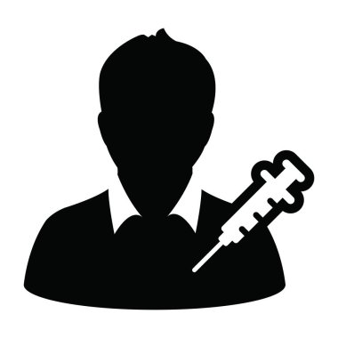 Aşı şırıngası ile tıbbi ikon vektörü. Erkek kullanıcı profili: Avatar sembolü.