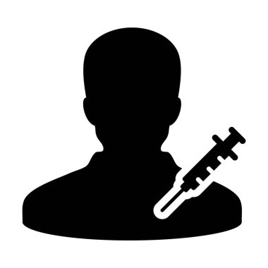 Şırınga erkek kullanıcı profili olan aşı ikonu vektörü. Tıbbi ve sağlık hizmetleri için görsel bir resimde avatar sembolü.