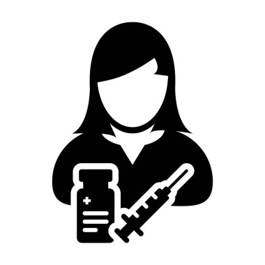 Aşılama ikonu vektörü aşı şırıngası kadın kullanıcı profili avatar sembolü tıbbi ve sağlık tedavisi için bir glyph resimleme