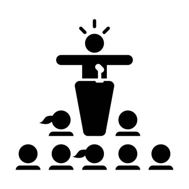 Podyum sembolü üzerinde düz renk piktogram illüstrasyonunda halka açık konuşma ikonu kişi