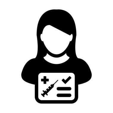 Tıbbi ve sağlık sertifikası için kadın kullanıcı profili Avatar sembollü aşı kartı ikonu vektörü