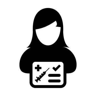 Tıbbi ve sağlık sertifikası için kadın kullanıcı profili Avatar sembollü aşı kartı ikonu vektörü