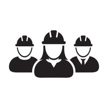 İnşaat işçilerinin görev ikonu vektör grubu, takım çalışması için karakter profili çizer. Kask, kabartma resimli bir resimde kullanılır.
