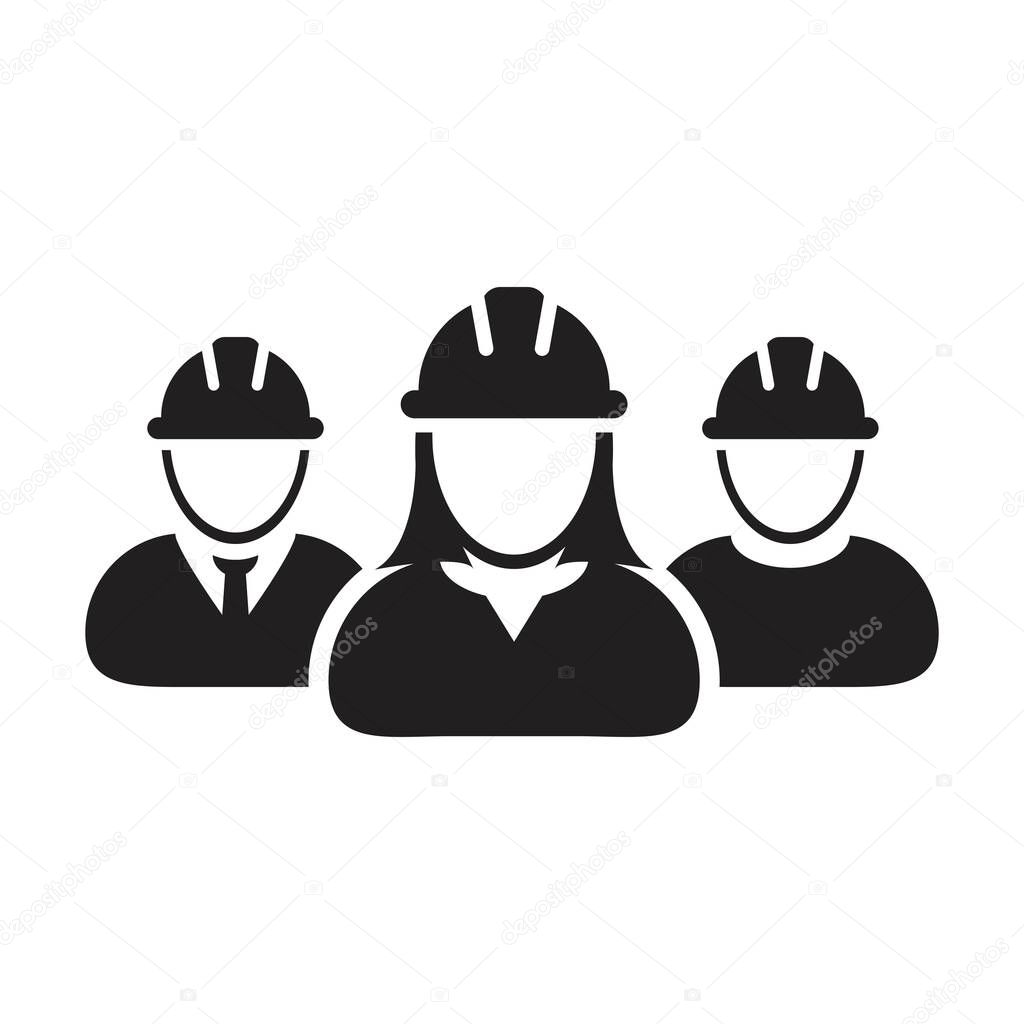 Workers icon vector group of construction builder contractor people persons profile avatar for team work with hardhat helmet in a glyph pictogram illustration