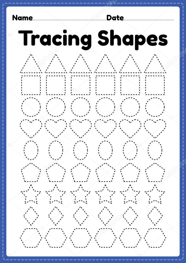 Tracing shapes worksheet for kindergarten and preschool kids for handwriting practice and educational activities in a printable page illustration.