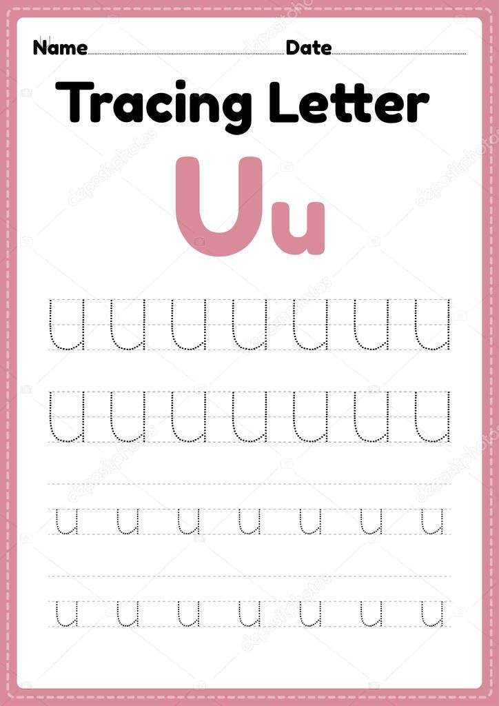 Tracing letter u alphabet worksheet for kindergarten and preschool kids for handwriting practice and educational activities in a printable page illustration.