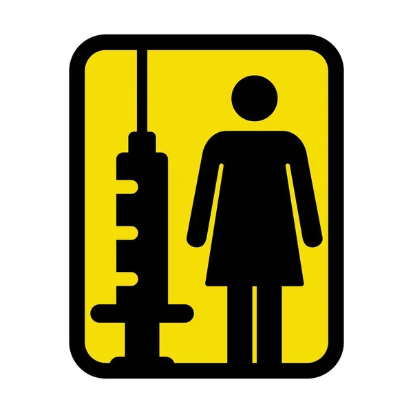 注射注射器付きワクチンアイコンベクトル女性のシンボルは グリフピクトグラムイラストで予防接種のために — ストックベクタ