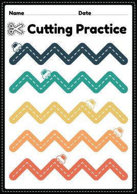 Cutting actives for preschool and kindergarten kids to cut the paper with scissors to improve motor skills, coordination and develop small muscles for children in a printable illustration page.