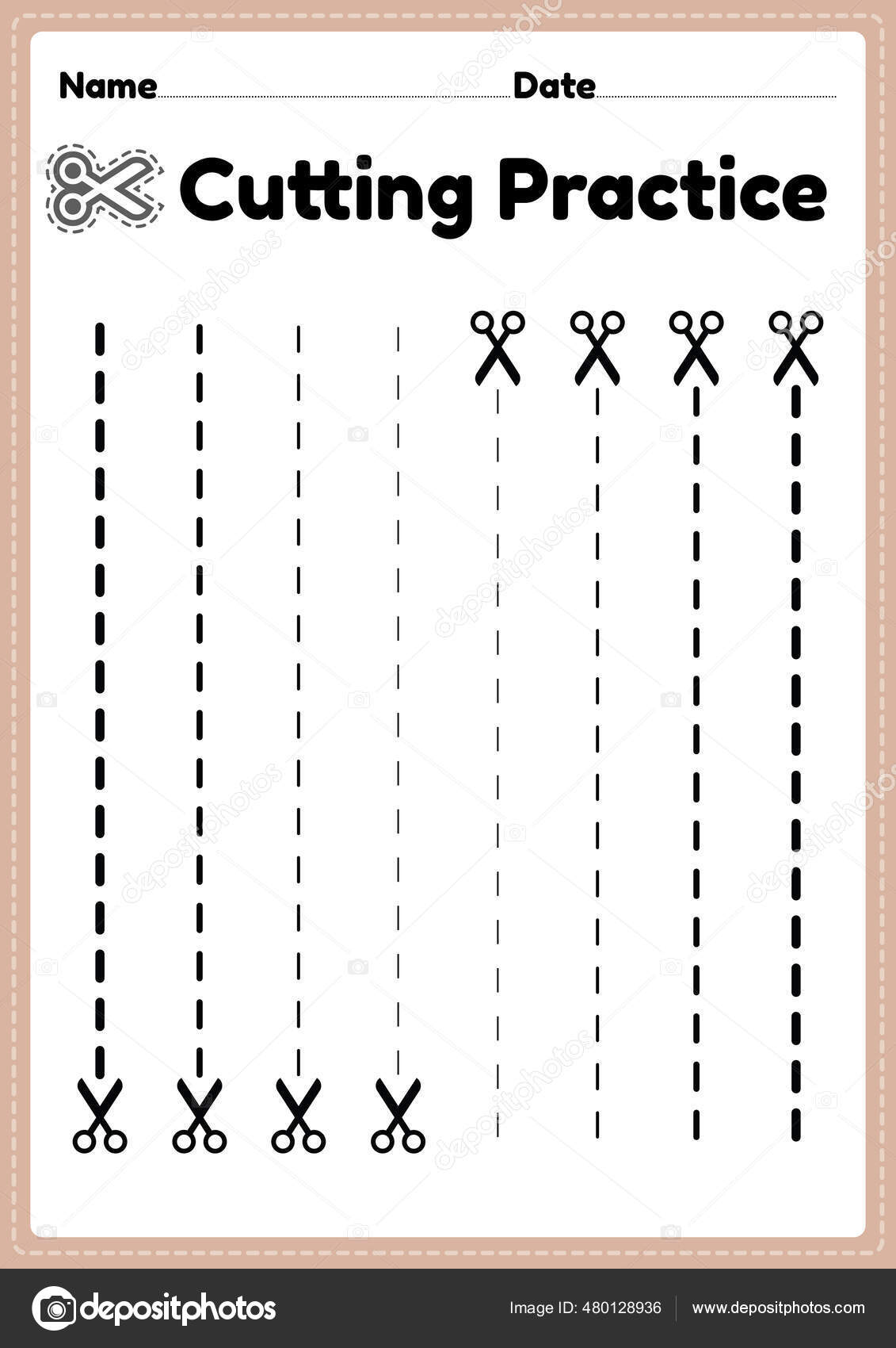 Cutting Practice Kindergarten Preschool Kids Cut Paper Scissors Improve Motor Stock Vector by ...