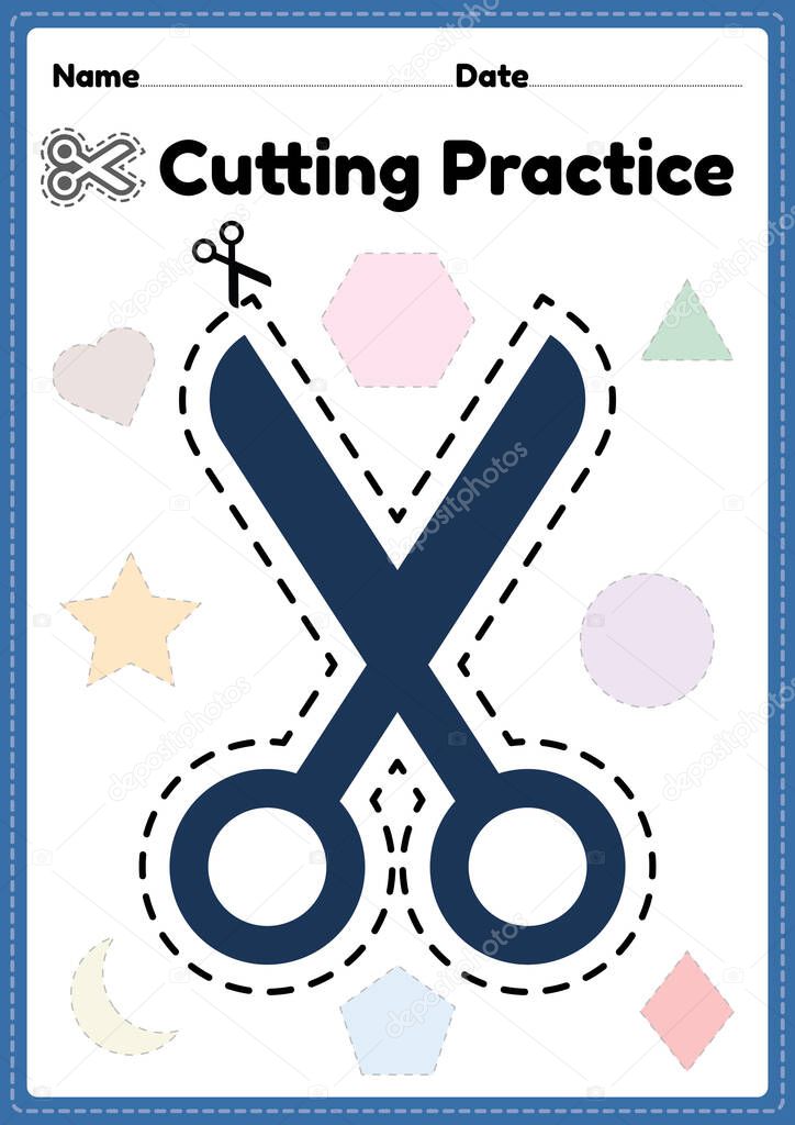 Scissor practice for preschool and kindergarten kids for cutting the paper to improve motor skills, coordination and develop small muscles for children in a printable illustration page.