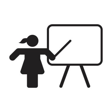 Beyaz tahta sembollü okul ikonu vektörü kadın öğretmen düz renk kabartma resimli.