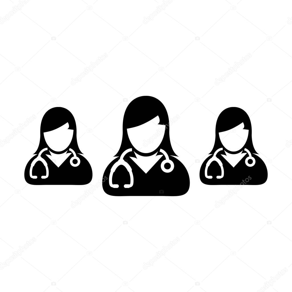 Physician icon vector group of doctors person female profile avatar for medical and health consultation in a glyph pictogram illustration