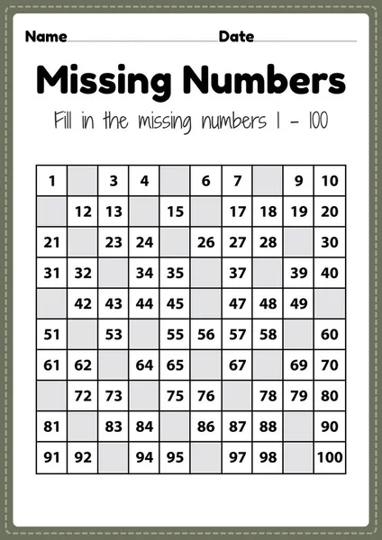 Sayı çizelgeleri, anaokulu ve anaokulu öğrencilerinin temel matematik becerilerini öğrenmek için 1 'den 100' e kadar olan kayıp listeler..