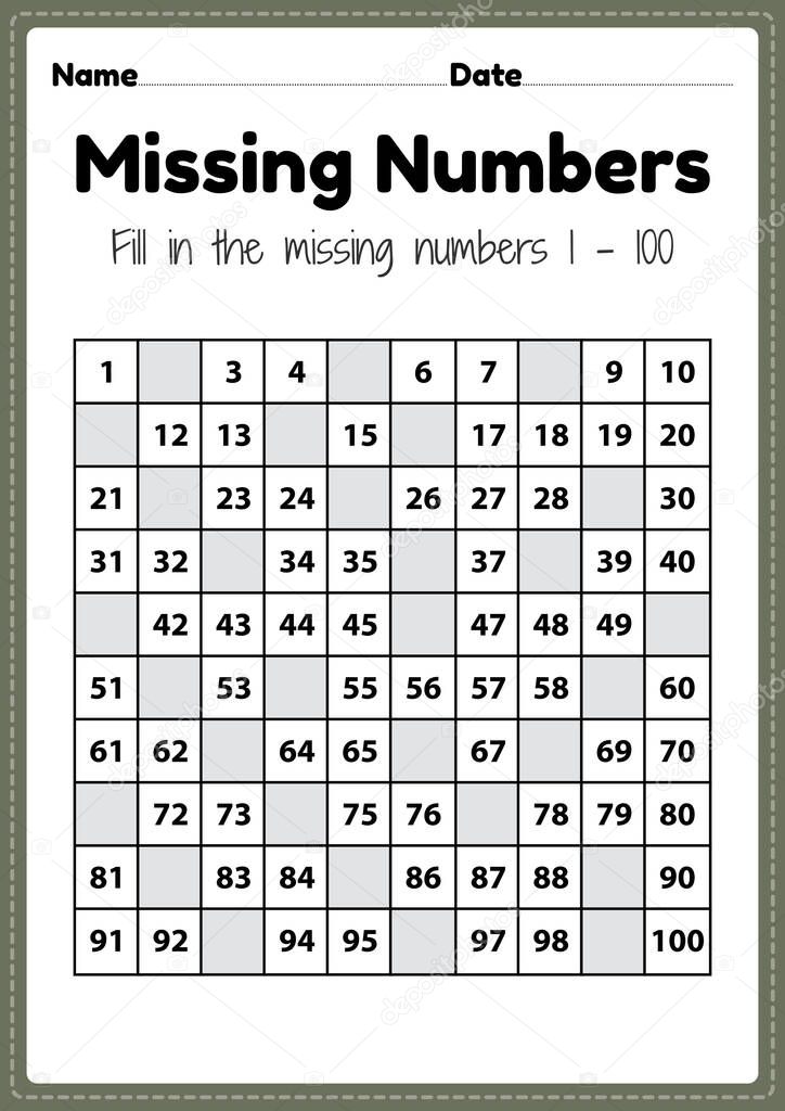 Number worksheets, missing numbers 1 to 100 printable sheet for preschool and kindergarten kids activity to learn basic mathematics skills.