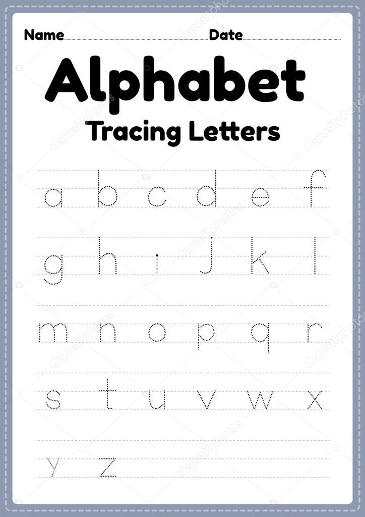 Tracing worksheet of alphabet letters for kindergarten and preschool kids for handwriting practice and educational activities in a printable page.